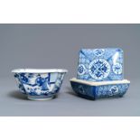 A Chinese blue and white square box and cover and a bowl, Chenghua mark, Kangxi