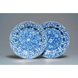 A pair of Chinese blue and white chargers with floral design, Kangxi