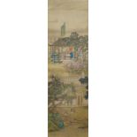 Chinese school, 18/19th C., ink and colour on silk: landscape with figures near a pagoda