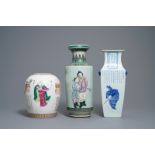 Three Chinese blue and white and famille rose vases, 19th C.