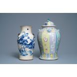 A Chinese famille rose vase with cover and a blue and white crackle-glazed vase, 19th C.