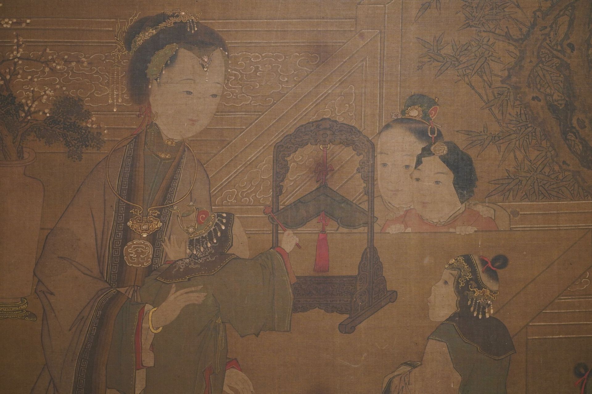 Chinese, after Su Hanchen (1094-1172), ink and colour on silk: a lady and children near a fish bowl - Image 2 of 5