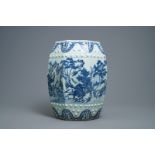 A Chinese blue and white octagonal garden seat with a landscape, Qianlong