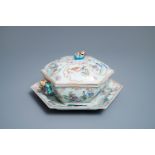 A Chinese hexagonal famille rose 'mandarin' tureen and cover on stand, Qianlong