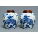 A pair of Chinese blue and white 'qilin' jars, Transitional period