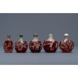 Five Chinese red overlay snowflake glass snuff bottles, 18/20th C.