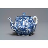 A Chinese blue and white relief-moulded 'lotus flower' teapot and cover, Kangxi