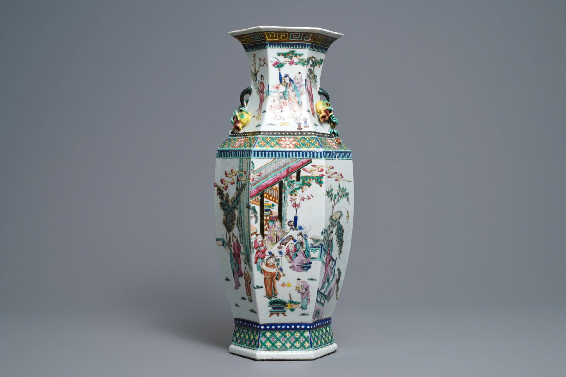 A Chinese hexagonal famille rose 'scholars' vase, 19th C. - Image 3 of 6