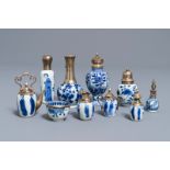 Ten Chinese silver-mounted blue and white miniature vases, Kangxi