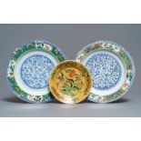 A pair of Chinese famille verte dishes and a cafŽ au lait-ground plate, Kangxi