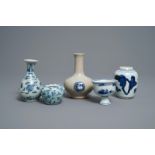 Three Chinese blue and white vases, a brush washer and a stem cup, Ming and later