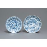 Two Chinese blue and white kraak porcelain dishes with deer and with figures, Wanli