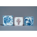 Three Chinese blue and white and purple tiles, Kangxi/Qianlong