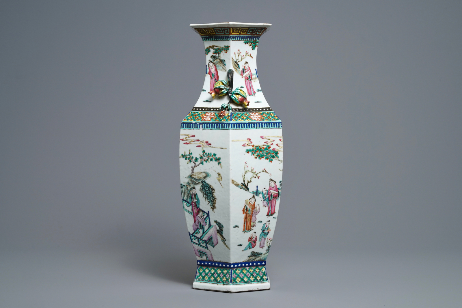 A Chinese hexagonal famille rose 'scholars' vase, 19th C. - Image 2 of 6