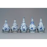 Five Chinese blue and white bottle vases, Wanli