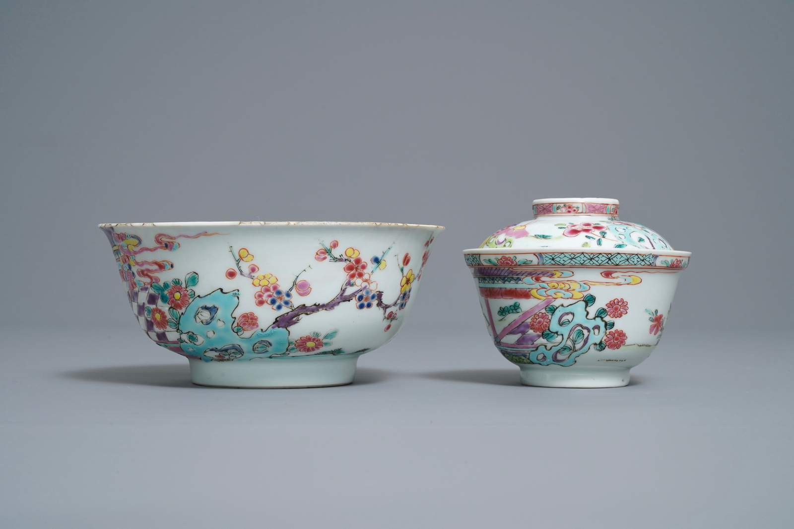 Two Chinese famille rose bowls and a plate, Yongzheng mark and of the period - Image 6 of 9