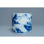 A Chinese blue and white 'landscape' brush pot, bitong, Kangxi