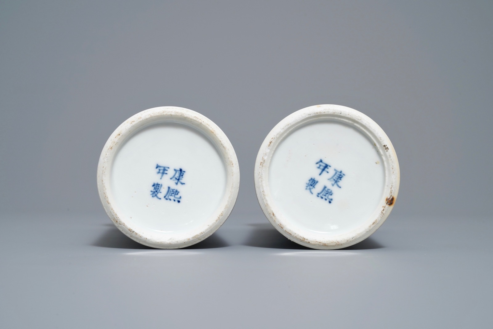 A Chinese blue and white five-piece garniture with peacocks, Kangxi mark, 19th C. - Image 8 of 8