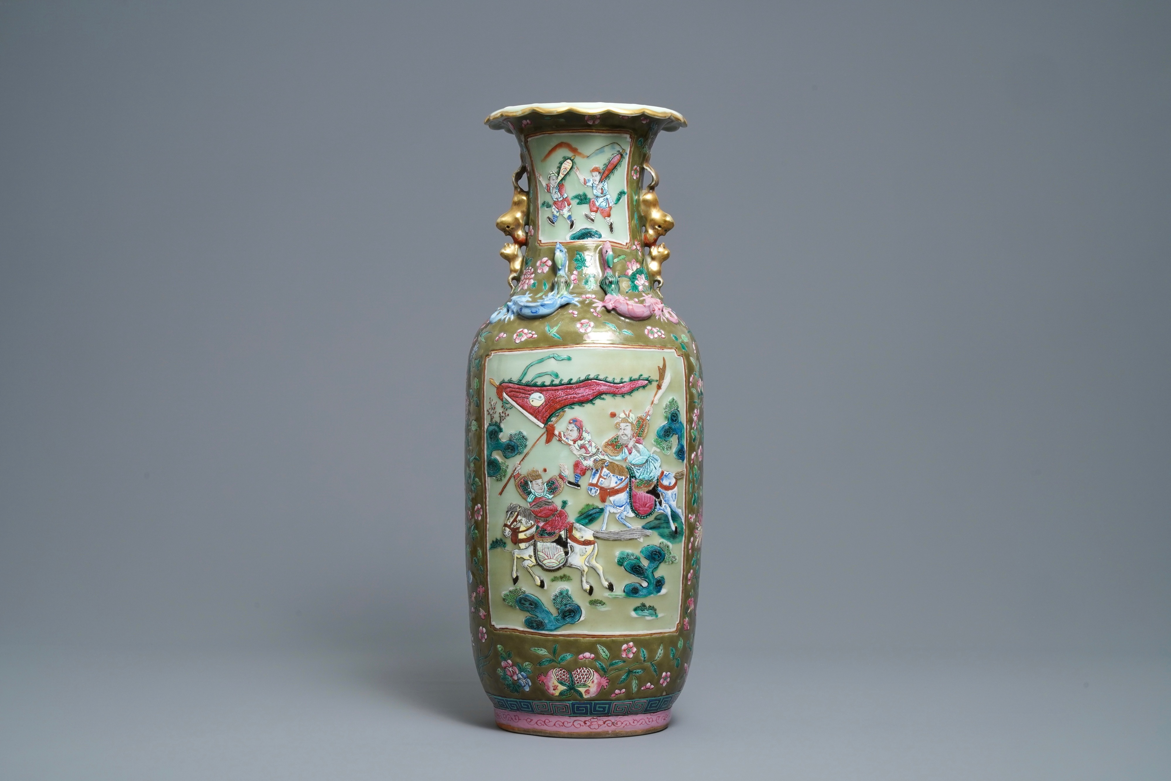 A Chinese brown- and celadon-ground famille rose vase, 19th C.