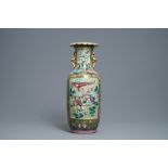 A Chinese brown- and celadon-ground famille rose vase, 19th C.