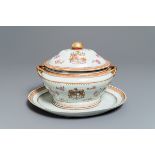 A Chinese famille rose 'New British East India Company' armorial tureen and cover, Jiaqing