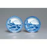 A pair of Chinese blue and white 'Scheveningen' or 'Nabeshima' plates, Kangxi