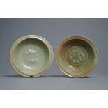 Two Chinese Longquan celadon plates with applied fish, Ming