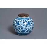 A Chinese blue and white globular jar with floral scrolls, Qianlong