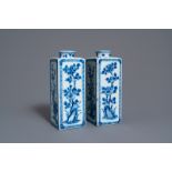 A pair of Chinese blue and white tea caddies with floral design, Kangxi