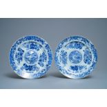 A pair of Chinese blue and white dishes with raised central medallions, Kangxi