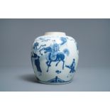 A Chinese blue and white ginger jar with figurative design, Kangxi