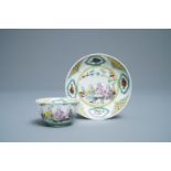 A Chinese famille rose cup and saucer after Cornelis Pronk: 'Doctor's visit', Qianlong