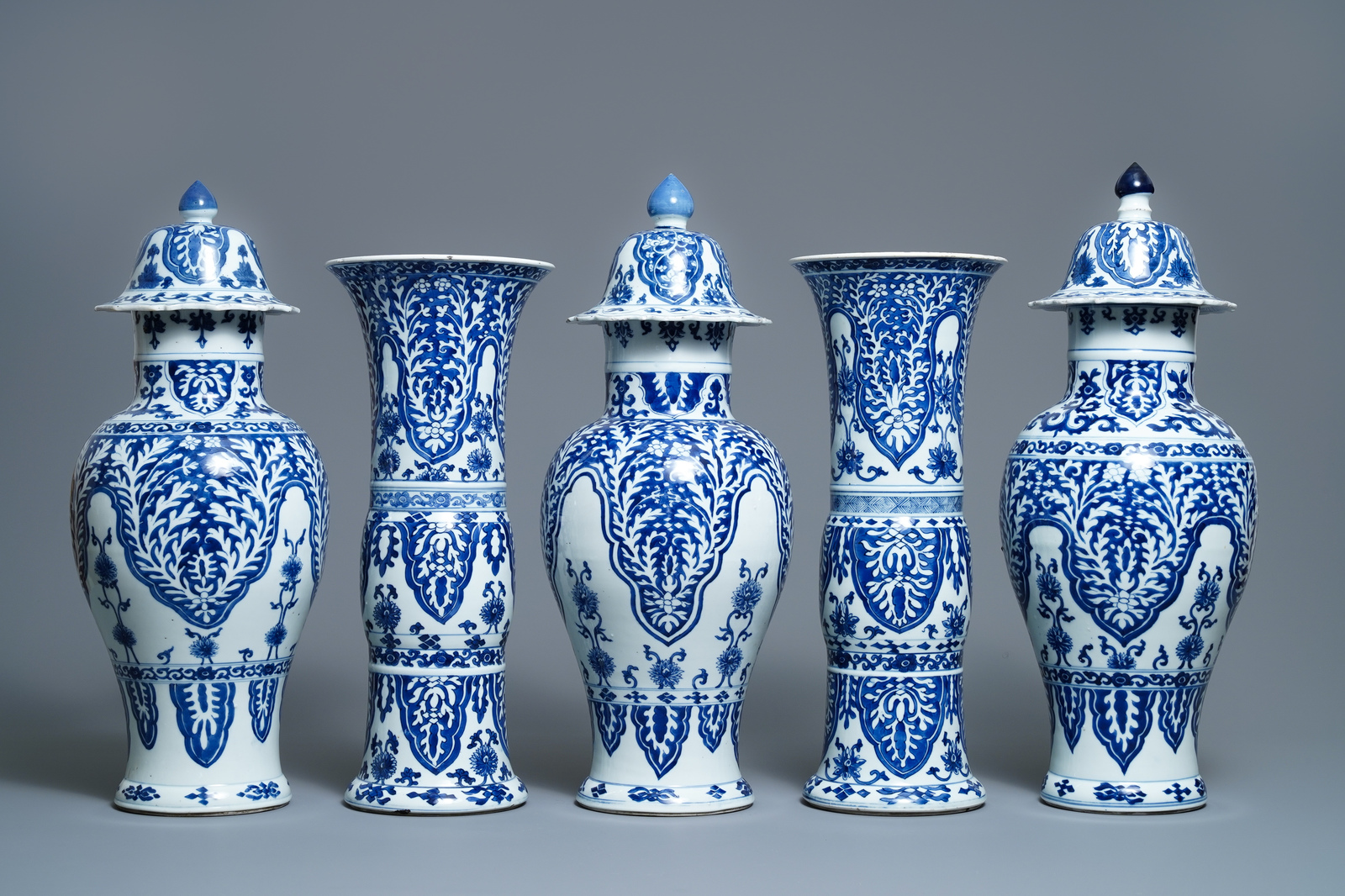 A large Chinese blue and white five-piece garniture with floral design, Kangxi - Image 3 of 10