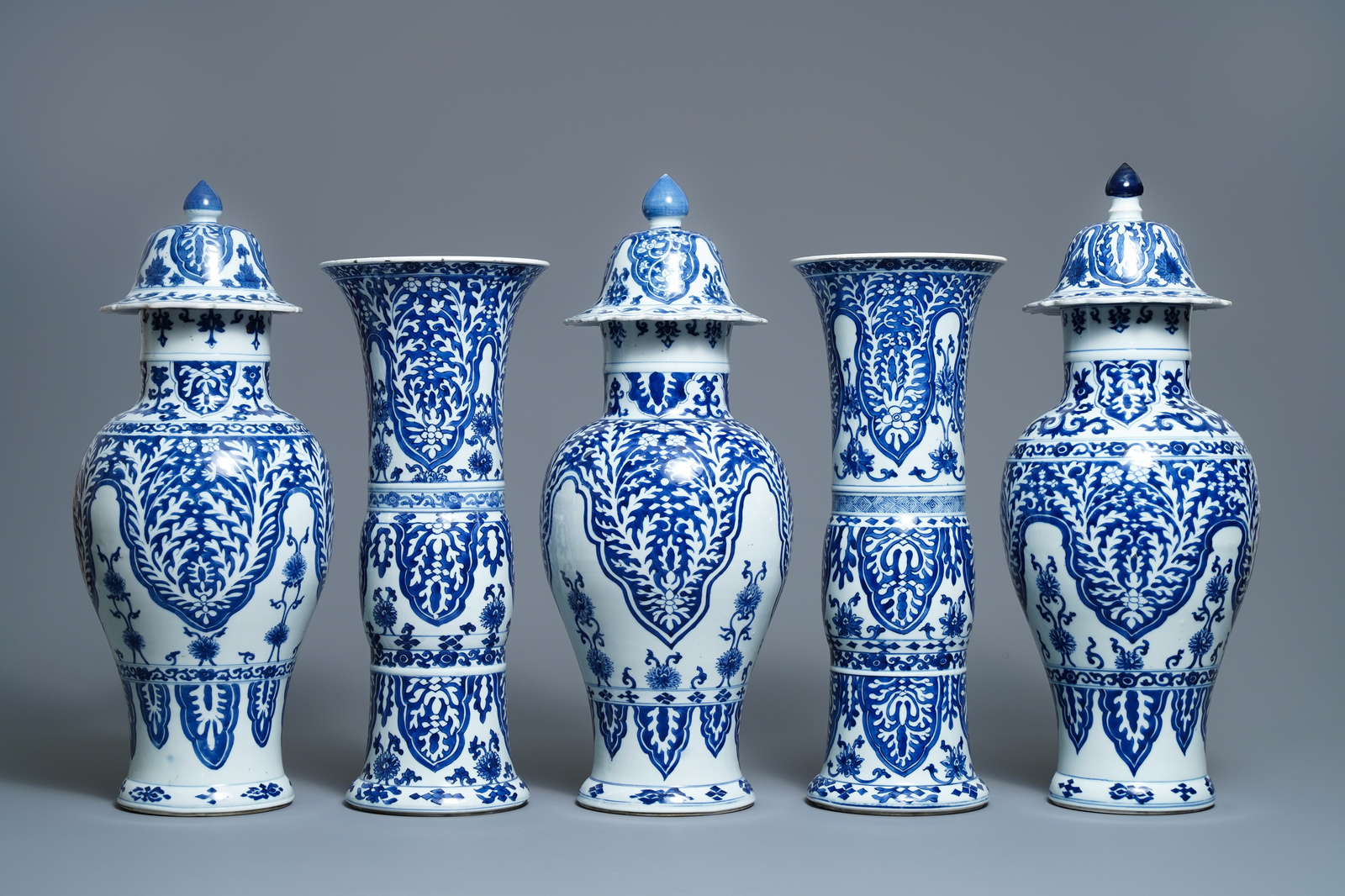 A large Chinese blue and white five-piece garniture with floral design, Kangxi - Image 4 of 10
