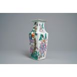 A Chinese famille rose square vase with figural design, 19th C.