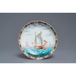 A Dutch-decorated Chinese plate with a ship at sea, Yongzheng