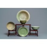 Two Chinese Longquan celadon dishes and three bowls, Song/Ming