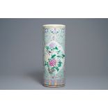 A Chinese famille rose cylindrical vase with birds among flowers, 19th C.