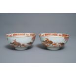 A pair of Chinese iron red bowls with a kiting boy on an ox, Yongzheng