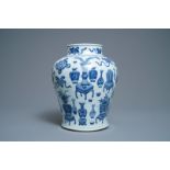 A Chinese blue and white baluster vase with antiquities, Kangxi