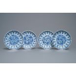 Four Chinese blue and white lotus-moulded plates with floral design, Kangxi