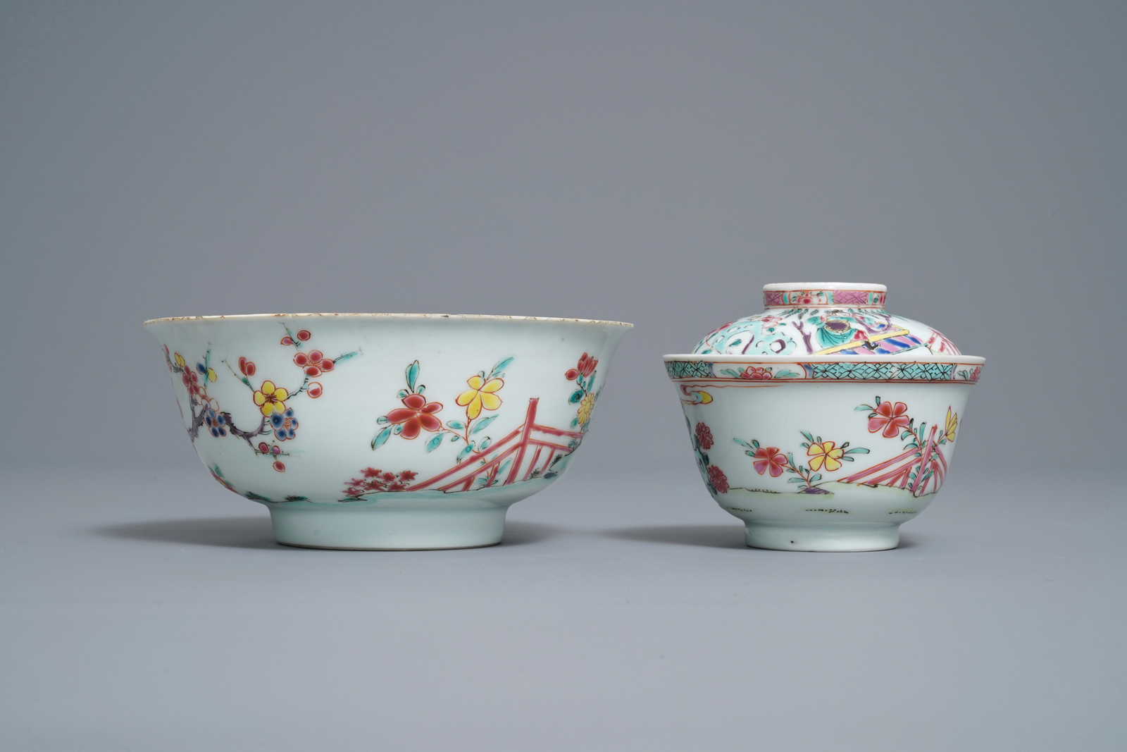 Two Chinese famille rose bowls and a plate, Yongzheng mark and of the period - Image 5 of 9