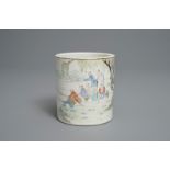 A Chinese qianjiang cai brush pot with fishermen, signed Tan Yin Jie, dated 1875-1884