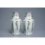 A pair of Chinese hexagonal qianjiang cai vases with ladies, 19/20th C.