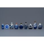 Nine various Chinese blue overlay and transparent glass snuff bottles, 19/20th C.