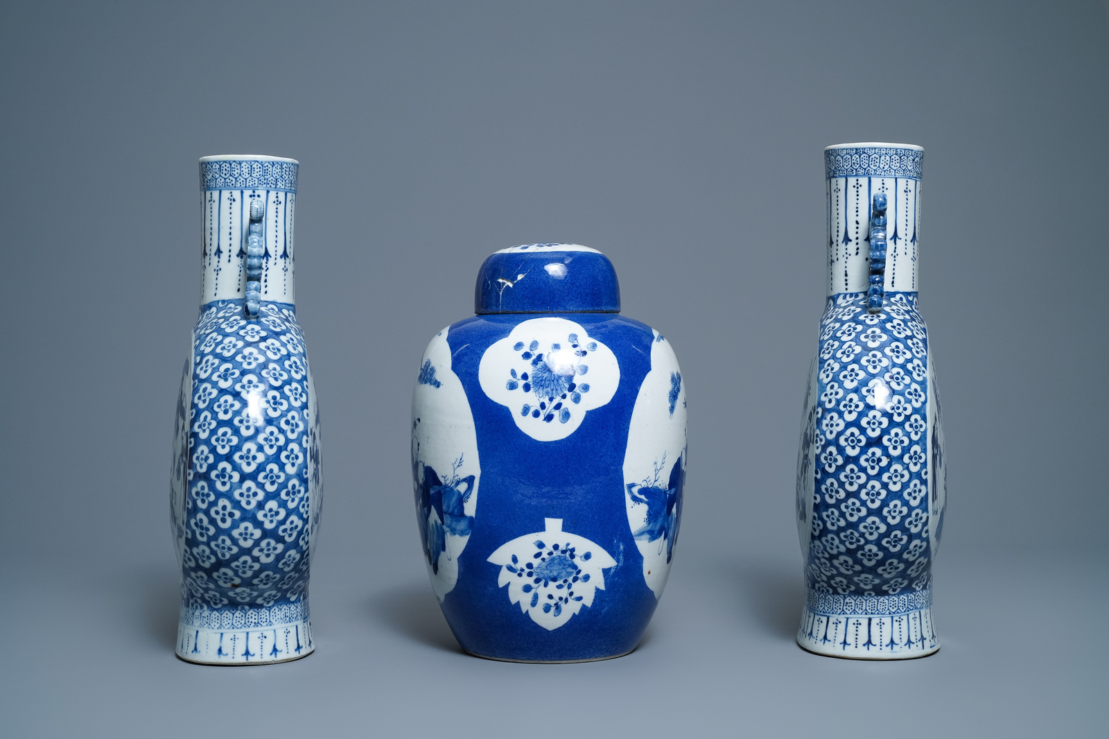 A pair of Chinese blue and white 'moonflask' vases and a covered jar, 19th C. - Image 4 of 6