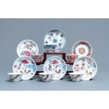 Six Chinese famille rose and Imari-style cups and saucers, Yongzheng/Qianlong