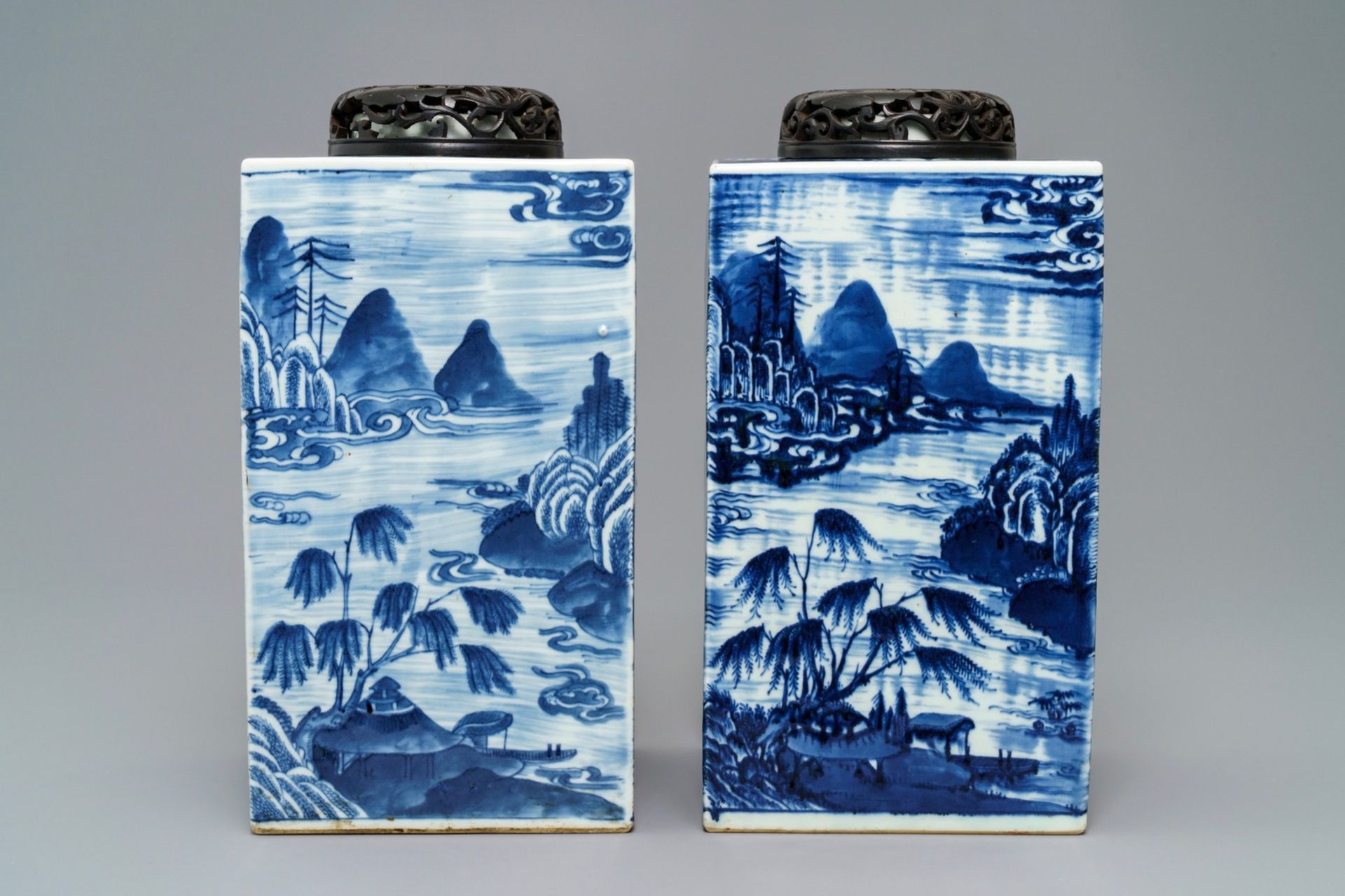 A pair of tall Chinese blue and white tea caddies with landscapes, 19th C. - Image 3 of 8