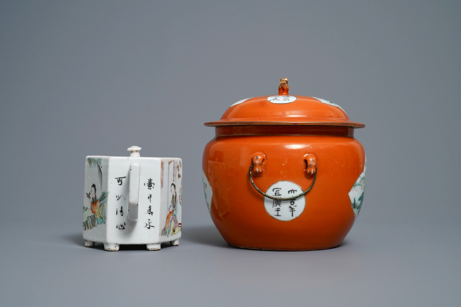 Two Chinese qianjiang cai bowls and a teapot and cover, 19/20th C. - Image 5 of 12