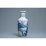 A Chinese blue and white rouleau vase with figures in a landscape, Kangxi